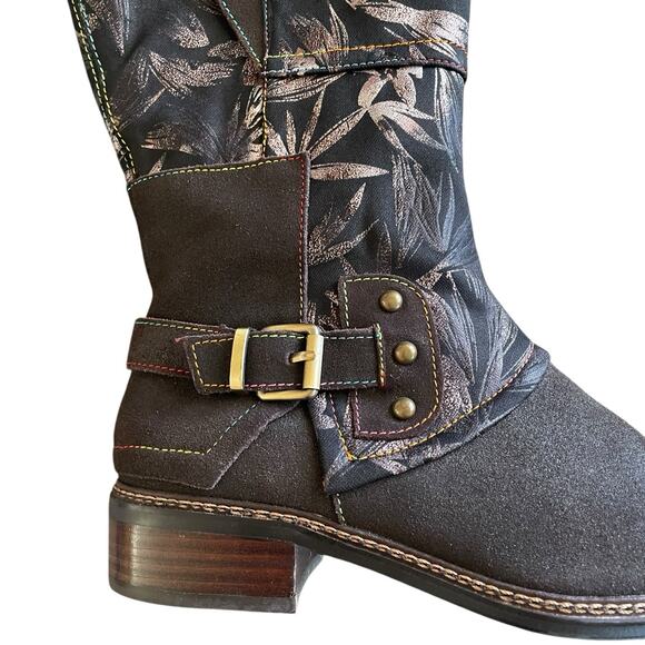 NEW L'ARTISTE SPRING STEP Blades Women's Size 40 Brown Leather Floral Zip Boots - Picture 4 of 14